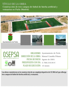 Construcción de tres campos de futbol de hierba artificial y vestuarios en Parla (Madrid)